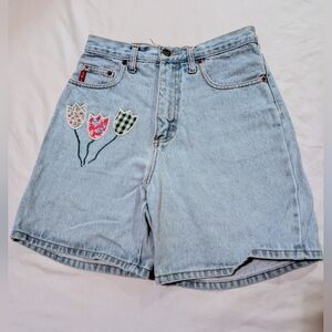 Vintage lei 90s Light Jean Shorts with Tulip Embroidery
